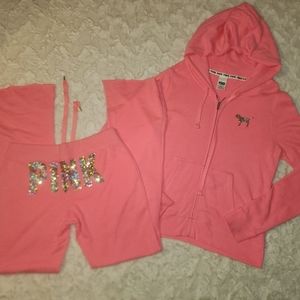 Women's Victoria Secret VS PINK Large Sweatshirt Zip Up Hoodie Bling Sequin Set